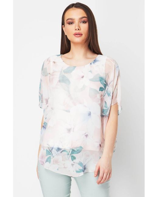 Roman Pink Floral Chiffon Overlay Top