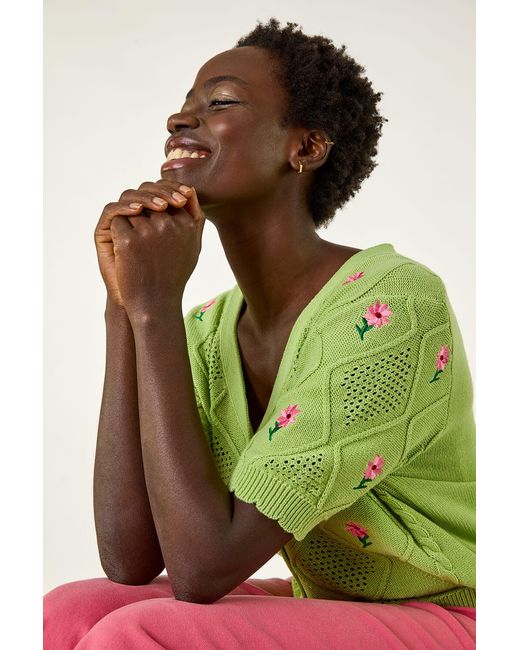 Roman Green Textured Floral Embroidered Cardigan