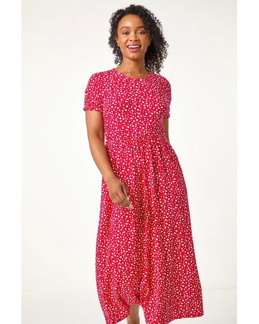 Roman Petite Red Spot Print Stretch Midi Dress