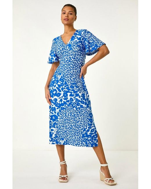 Roman Blue Floral Print V-Neck Stretch Midi Dress