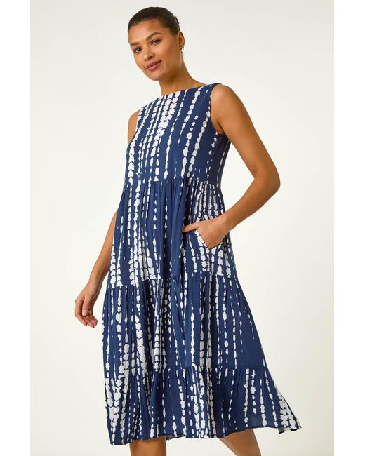 Roman Blue Tie Dye Print Smock Midi Dress