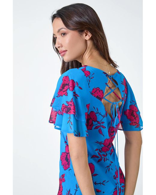 Roman Blue Floral Tiered Sleeve Chiffon Maxi Dress