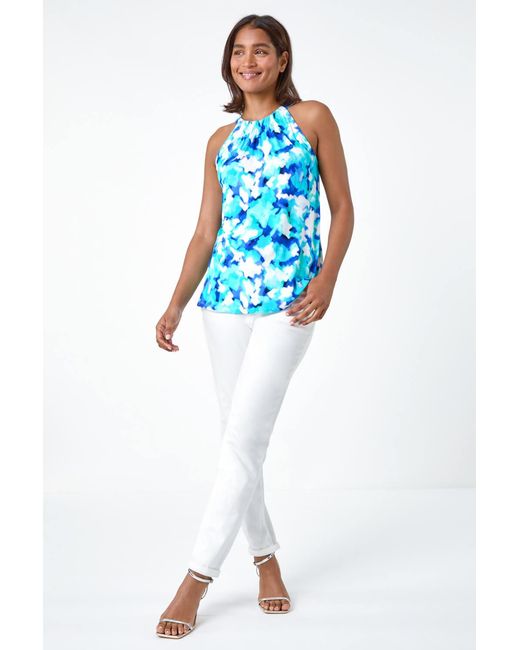 Roman Blue Abstract Print Stretch Halter Neck Top