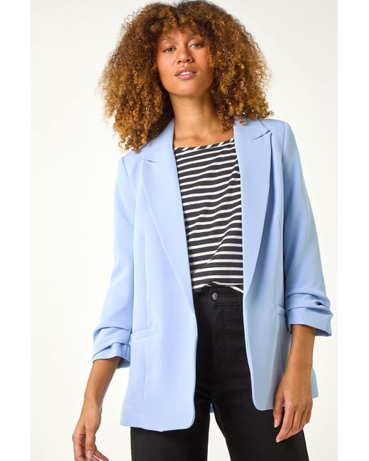 Roman Blue Tailored Ruched Sleeve Stretch Blazer