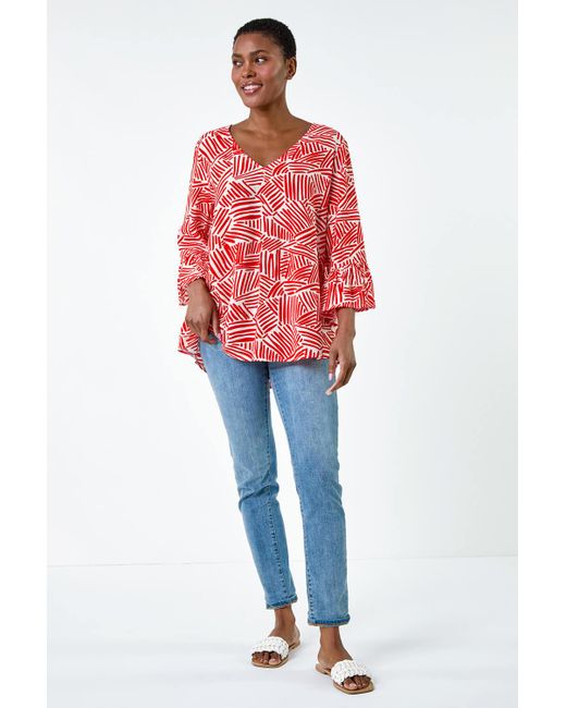 Roman Red Abstract Print V-Neck Frill Detail Top