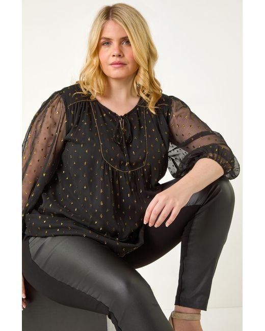 Roman Curve Black Tie Neck Metallic Top