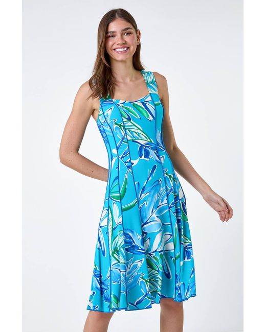 Roman Blue Leaf Print Stretch Panel Dress