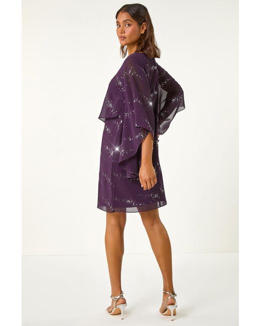 Roman Purple Sequin Embellished Asymmetric Overlay Dress