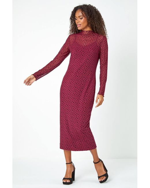 D.u.s.k Red Polka Dot Mesh Stretch Bodycon Midi Dress