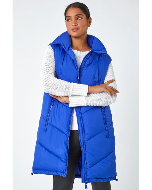Roman Blue Longline Quilted Hooded Gilet