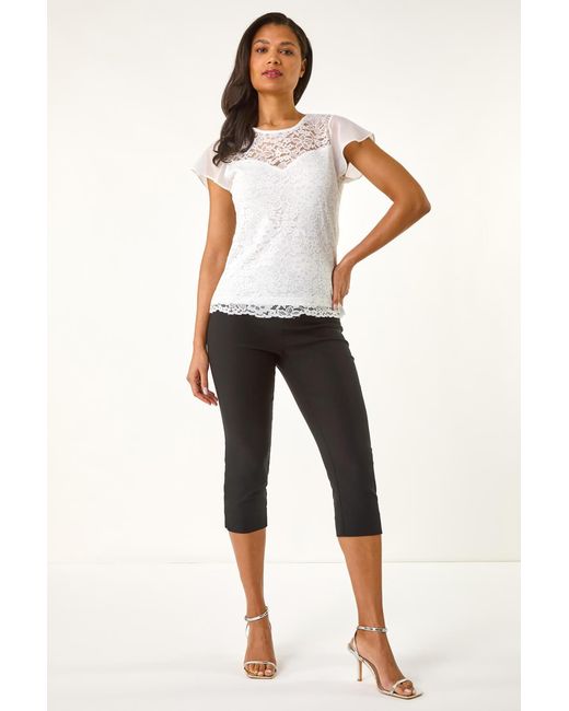 Roman White Chiffon Sleeve Floral Lace Top