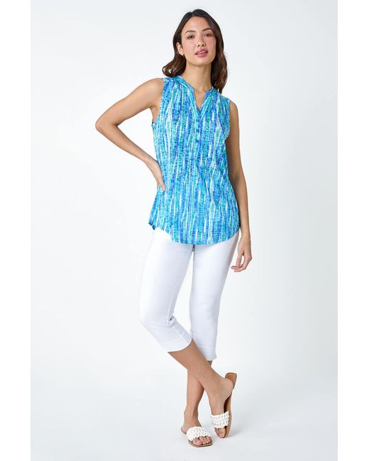 Roman Blue Abstract Stripe Burnout V-Neck Pintuck Shirt