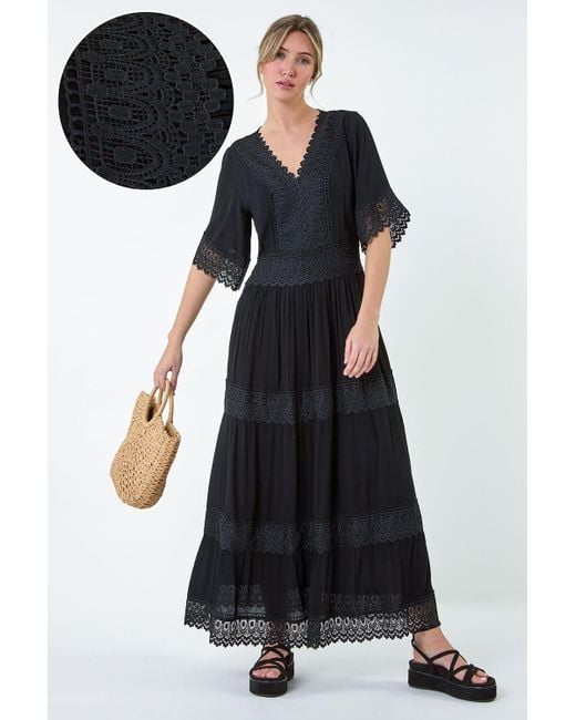 Roman Black Dusk Fashion Tiered Lace Detail Maxi Dress
