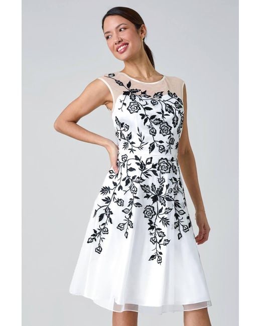Roman White Floral Embroidered Fit & Flare Dress
