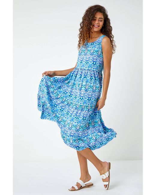 Roman Blue Sleeveless Aztec Print Smock Midi Dress