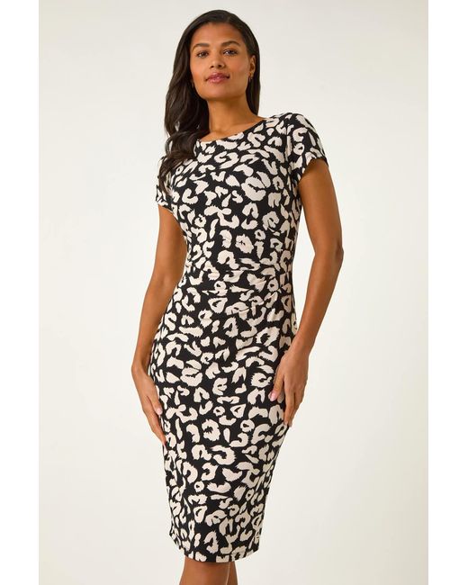 Roman Black Abstract Animal Gathered Shift Dress