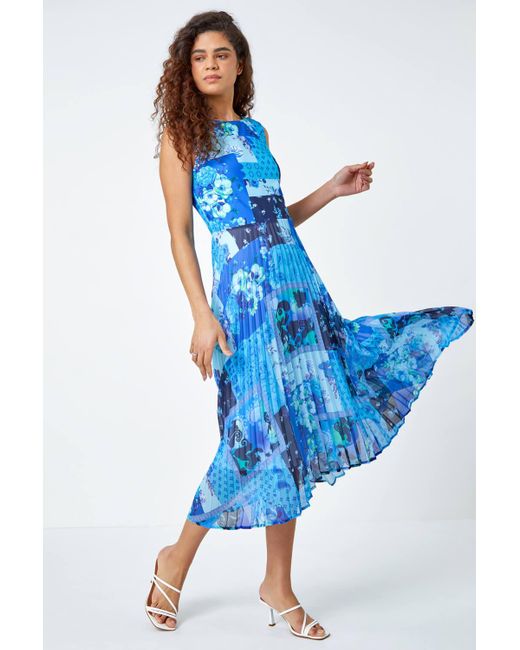 Roman Blue Mixed Floral Print Pleated Midi Dress