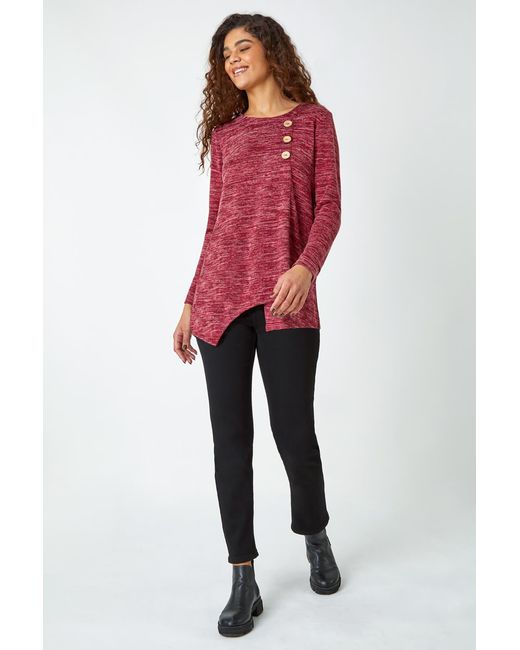 Roman Red Button Stretch Knit Asymmetric Tunic Top