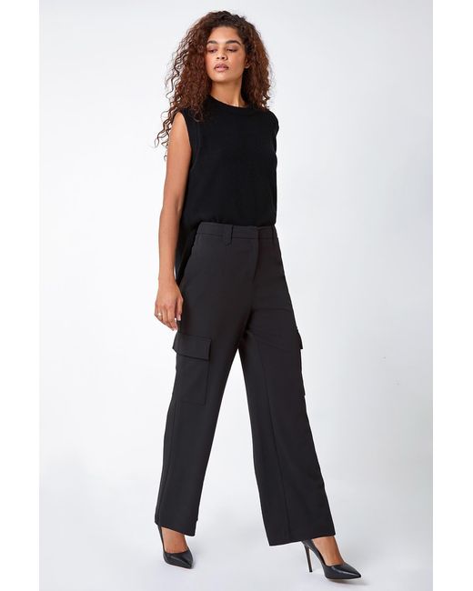 Roman Black Smart Wide Leg Cargo Stretch Trouser