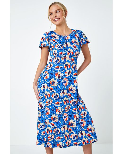 Roman Petite Blue Floral Print Midi Stretch Dress