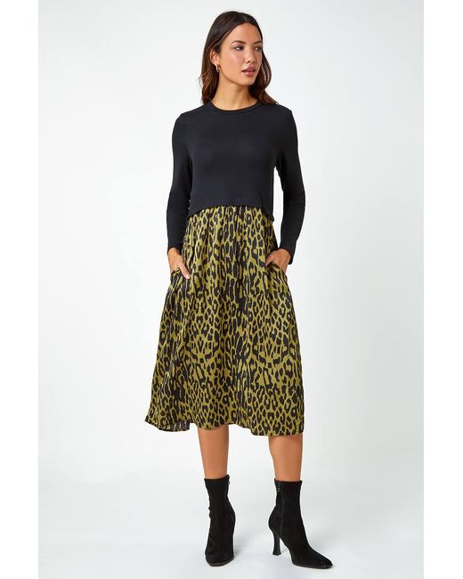 Roman Green Contrast Leopard Print Pocket Knit Midi Dress