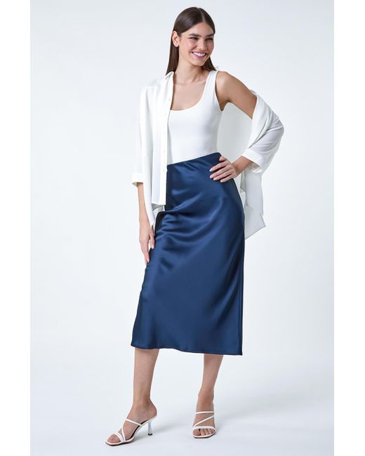 Roman Blue Satin Bias Cut Midi Skirt