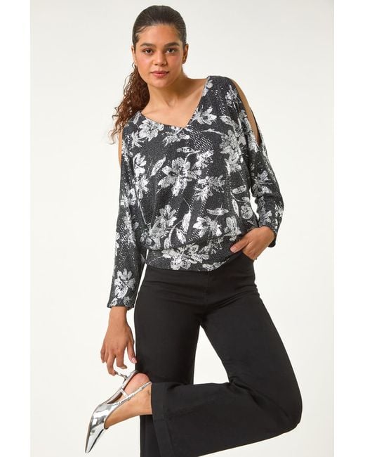 Roman Metallic Sparkle Foil Blouson Stretch Top