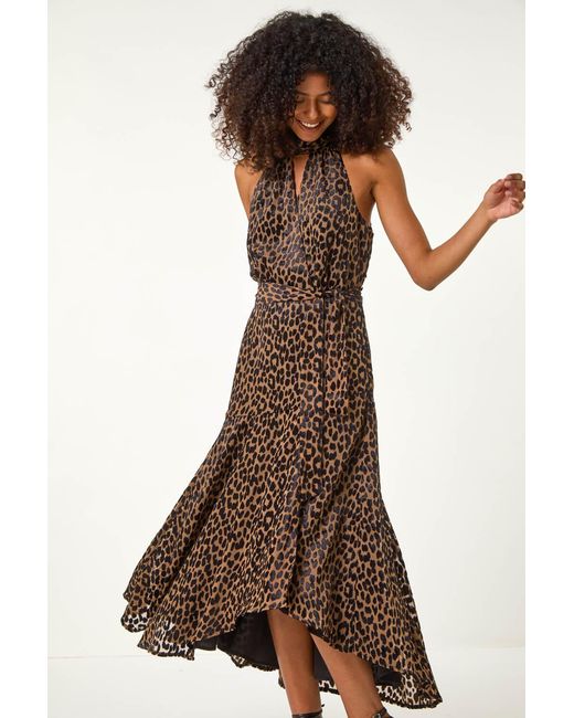D.u.s.k Brown Animal Print Halter Neck Jacquard Midi Dress