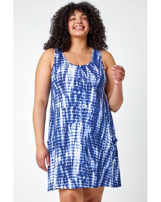 Roman Curve Blue Tie Dye Stretch Swing Dress
