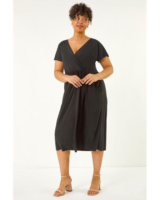 Roman Curve Black Wrap Front Stretch Dress