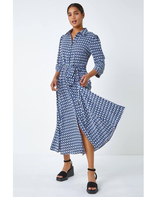 Roman Blue Geometric Print Tie Waist Midi Shirt Dress