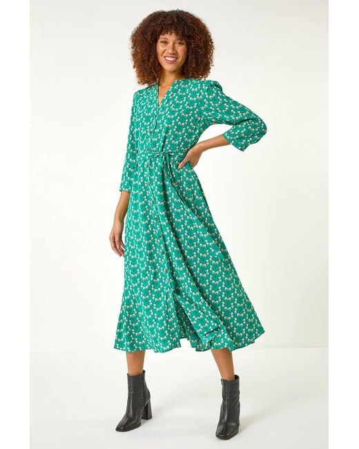 Roman Green Leaf Print Midi Shirt Dress