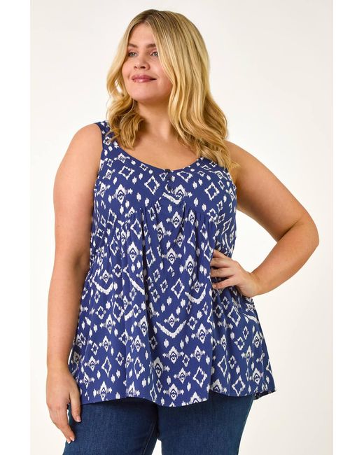 Roman Curve Blue Ikat Print Woven Vest Top