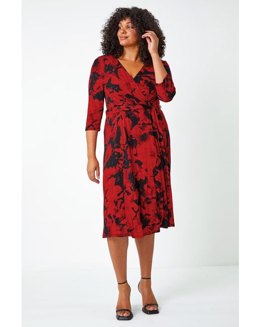 Roman Curve Red Floral Stretch Wrap Midi Dress