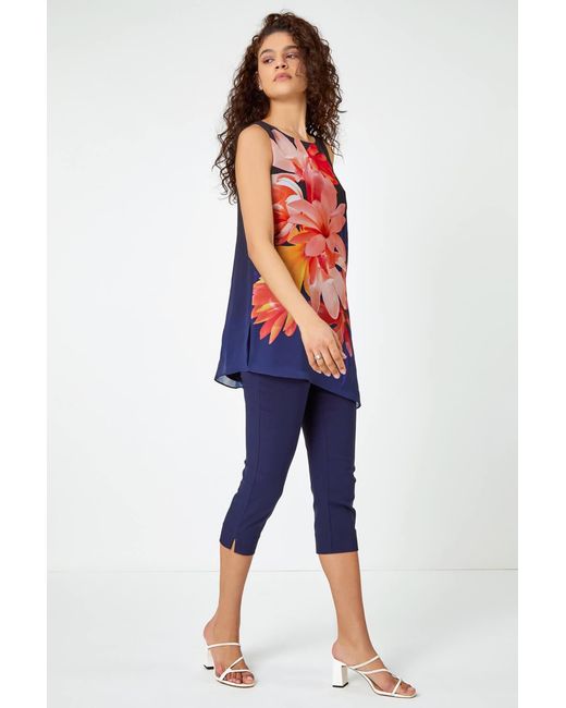 Roman Red Floral Print Asymmetric Chiffon Tunic Top