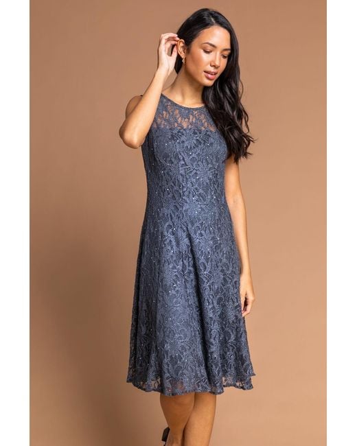 Roman Metallic Glitter Lace Fit And Flare Dress