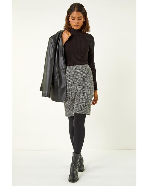 Roman Black Textured Stretch Knee Length Skirt