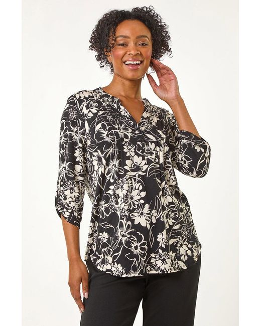 Roman Petite Black Floral Print Pintuck Pleat Top