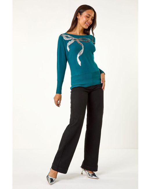 Roman Blue Sequin Bow Slash Neck Jumper