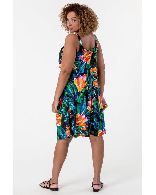 Roman Curve Orange Tropical Print Strappy Dress