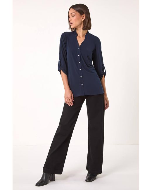 Roman Blue Button Through V-Neck Stretch Blouse