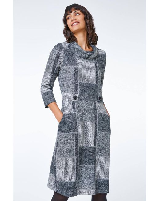Roman Blue Patchwork Cowl Neck Button Detail Dress