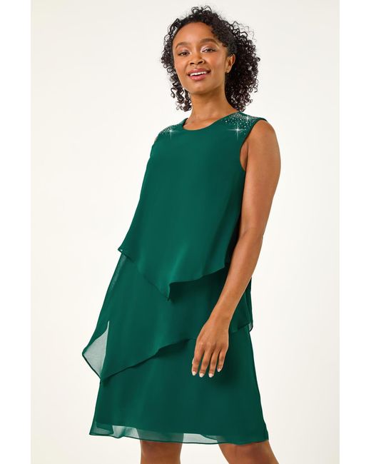 Roman Petite Green Embellished Tiered Shift Dress