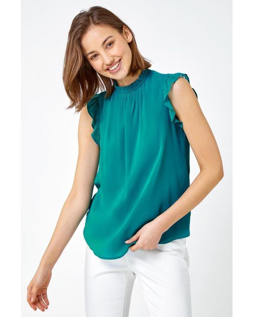 Roman Blue Sleeveless High Neck Frill Top