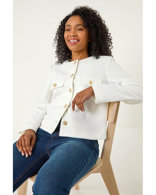 Roman Petite White Collarless Button Up Jacket