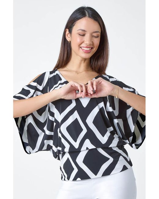 Roman Black Geometric V-Neck Blouson Stretch Top