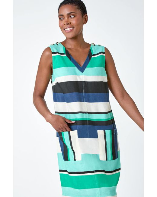 Roman Blue Striped Cotton Blend Shift Dress