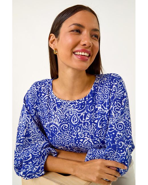 Roman Blue Printed Balloon Sleeve Shirred Hem Top