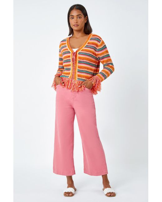 Roman Pink Fringed Contrast Stripe Cardigan