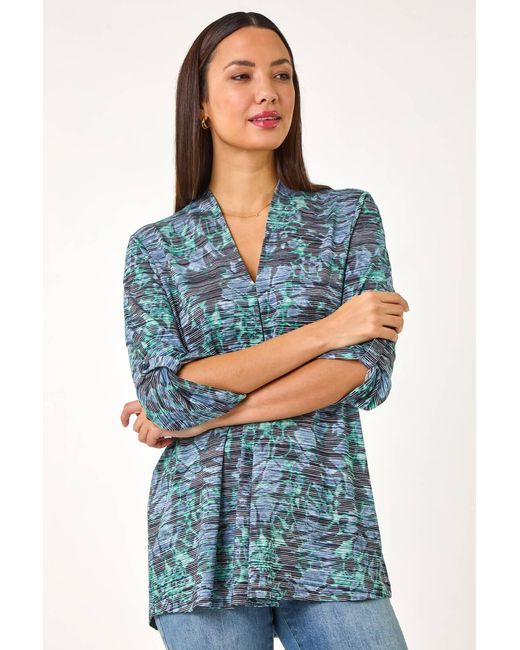 Roman Blue V-Neck Pleat Front Jersey Top